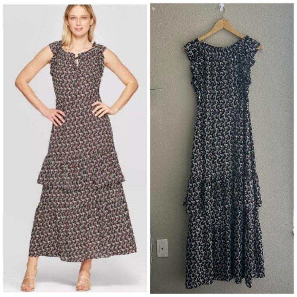 Who What Wear Medium Floral Print Cap Sleeve Boat Neck Ruffle Tiered Maxi Dress